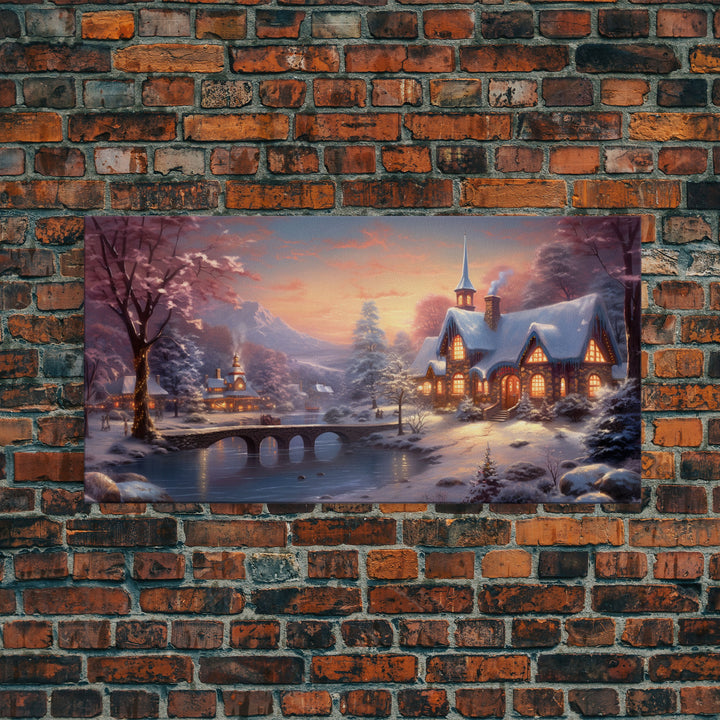 Winter Art, Framed Canvas Print, Cute Whimsical Victorian Village In Winter Painting, Home Decor, Contemporary Modern Art