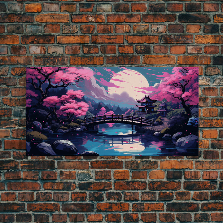 Japanese Art- Wabi Sabi Style Japanese Synthwave Pagoda, Game Room Art, Framed Canvas Print, Framed Art, Framed Painting, Retro Aesthetic