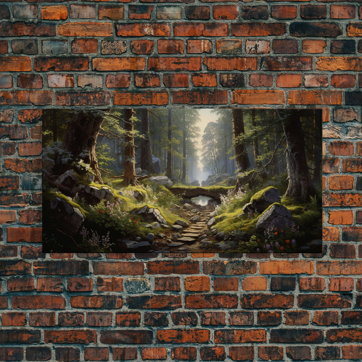 SlightlyScorched Framed Canvas Print Emerald Green Fantasy Forest, Mountain Forest Lake Landscape Minimalist Modern Art Nature Wall Decor