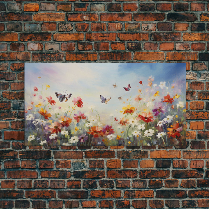 Spring Meadow Print, Butterflies Wall Art, Panoramic Art, Wall Art, Canvas Art, Landscape Art, Wildflower Meadow, Teacher Gift, Kitchen Art