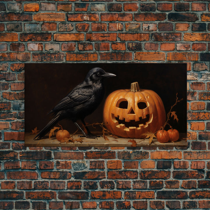 Spooky Crow Print, The Raven and The Jack O Lantern, Halloween Wall Art, Victorian Oil Painting