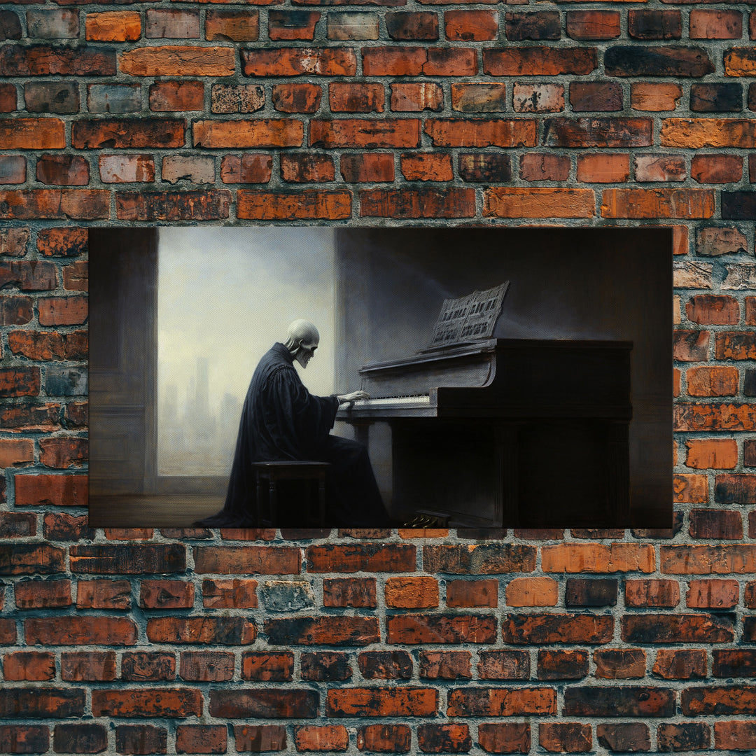 Grim Reaper Playing The Piano, Framed Canvas Print, Cool Halloween Decor, Wild West Themed Halloween Art