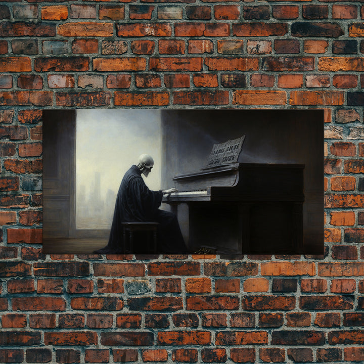 Grim Reaper Playing The Piano, Framed Canvas Print, Cool Halloween Decor, Wild West Themed Halloween Art