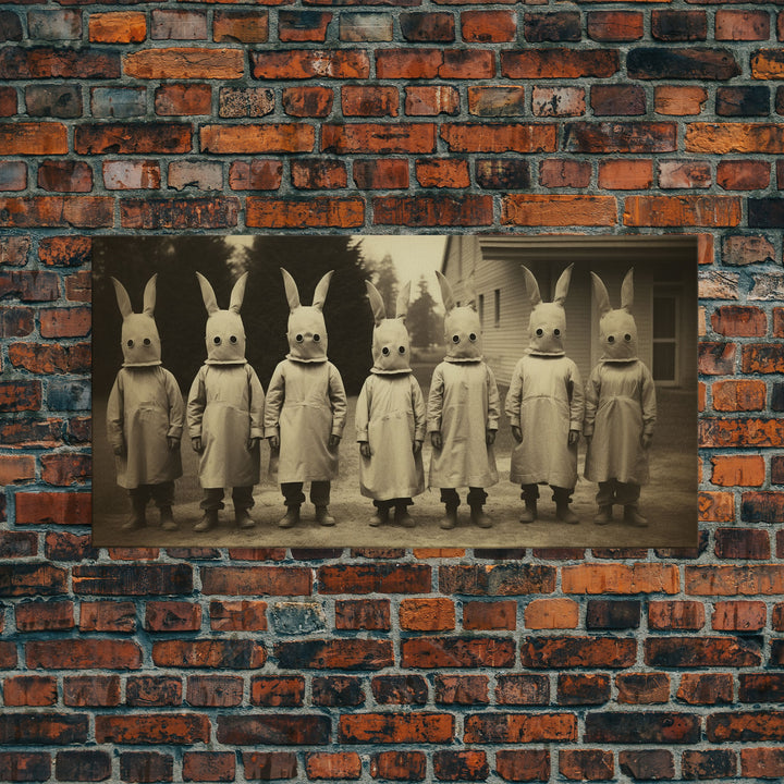 Cult Of The Bunny, Creepy Halloween Trick Or Treaters, Framed Canvas Print, Vintage Tintype Photography Art, Halloween Art Print