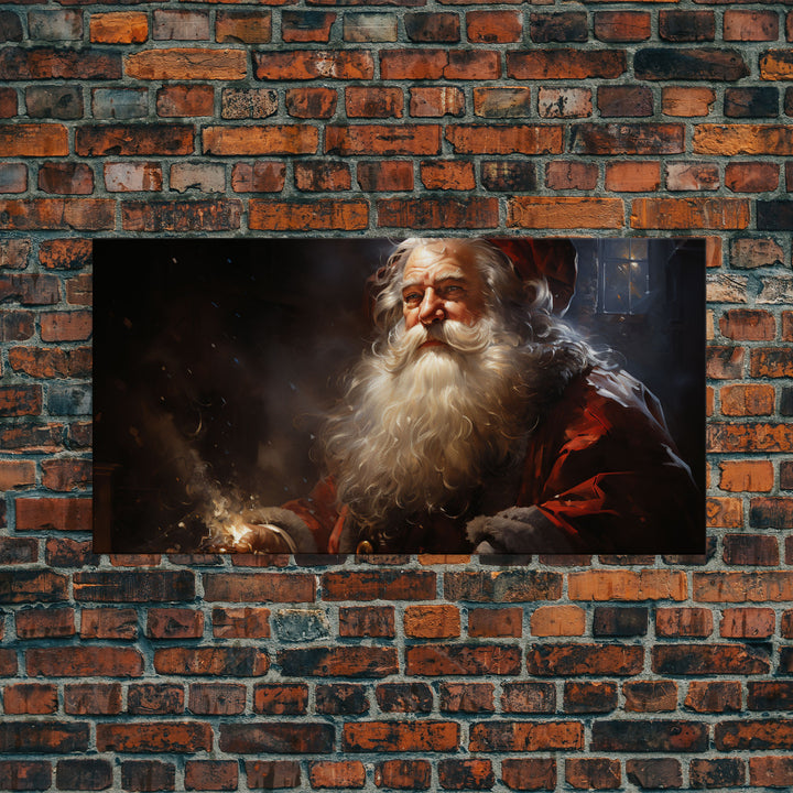 Santa Claus Burning The Midnight Oil - Framed Canvas Print - Christmas Santa Art - Xmas Decor Poster - Vintage Xmas Holiday Art Print