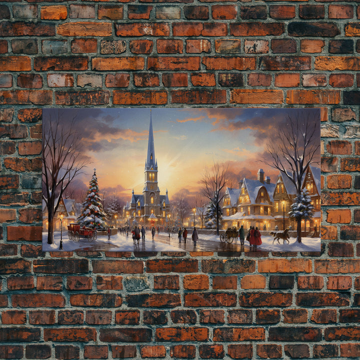 Christmas Centerpiece Wall Art - Framed Canvas Print - Winter Wonderland Victorian Village Decorated for Christmas Canvas Wall Art - Vintage