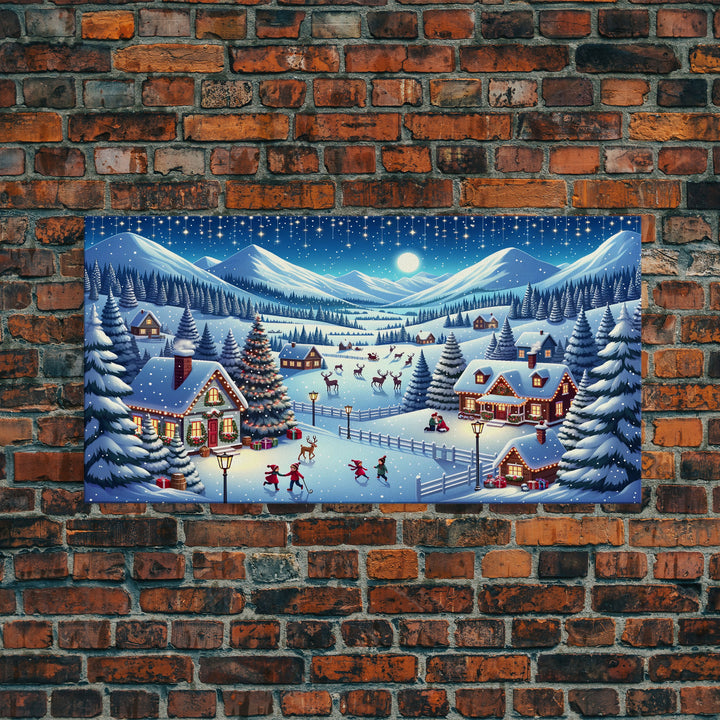 Cute Christmas Village Centerpiece Wall Art - Framed Canvas Print - Winter Wonderland Decorated for Christmas Canvas Wall Art - Vintage Xmas