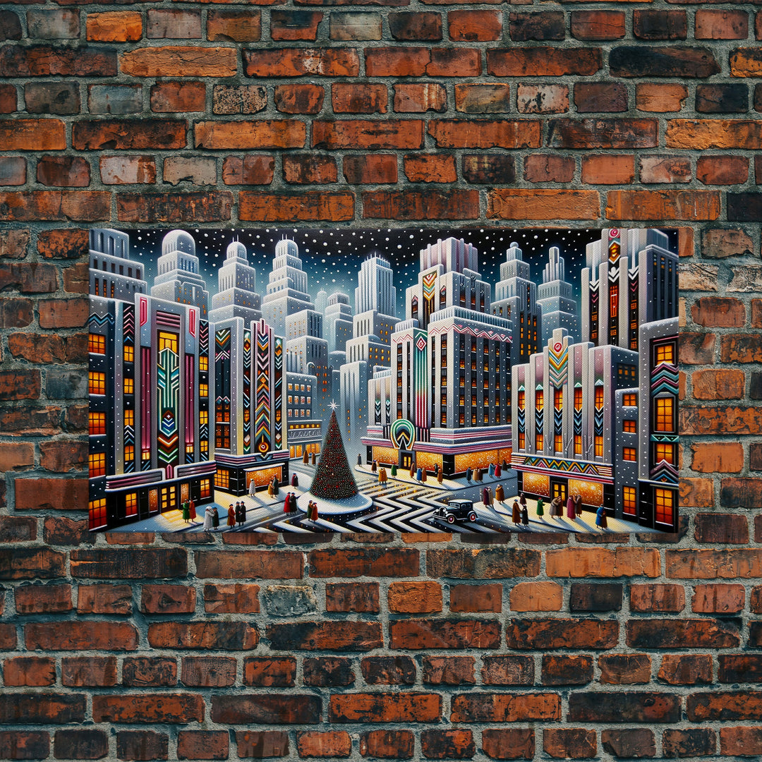 Vintage Style Art Deco Christmas Village | Framed Canvas Print | Winter Centerpiece | Retro Christmas Art | Vintage Christmas Decor