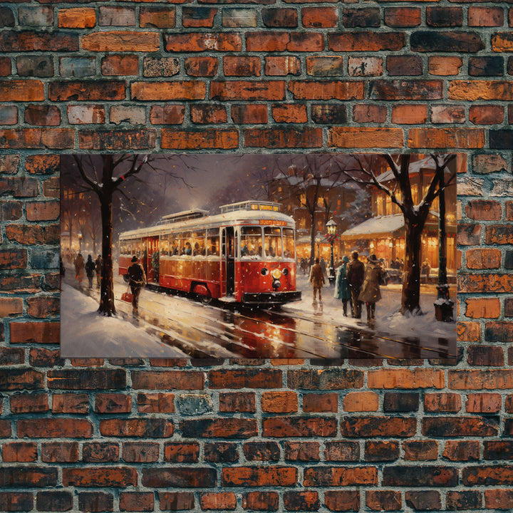 Retro Red Trolley Car Decorated For Christmas, Framed Canvas Print, Christmas Wall Art, Christmas Decor Mom Christmas Gift Christmas Village