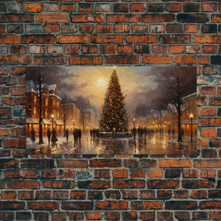 RetroChristmas Village For Christmas, Framed Canvas Print, Christmas Wall Art, Christmas Decor Christmas Gift, Holiday Watercolor Painting