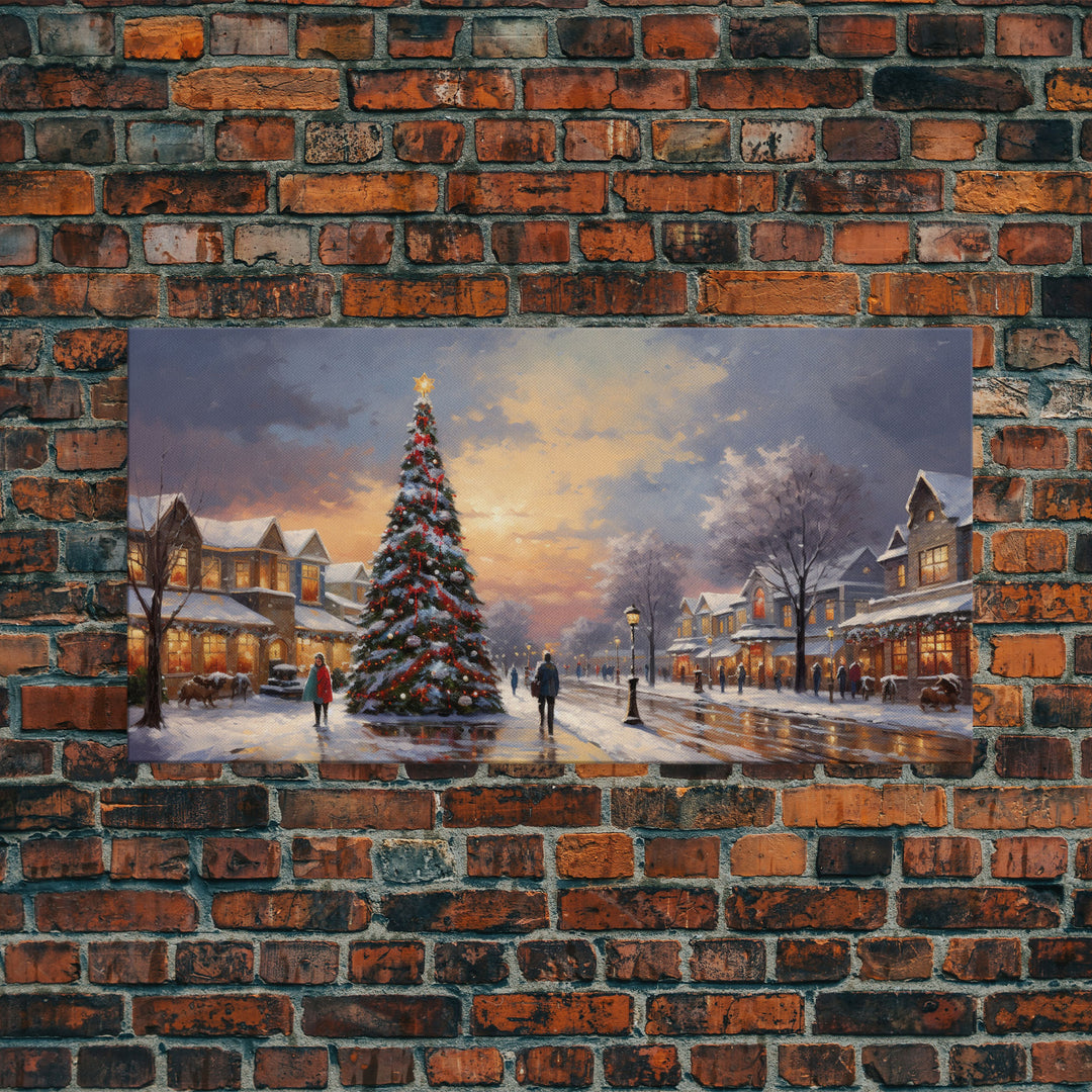 Cute Christmas Decor, Christmas Wall Art, Vintage Winter Wonderland Christmas Village Oil Painting Canvas Print, Framed Wall Art