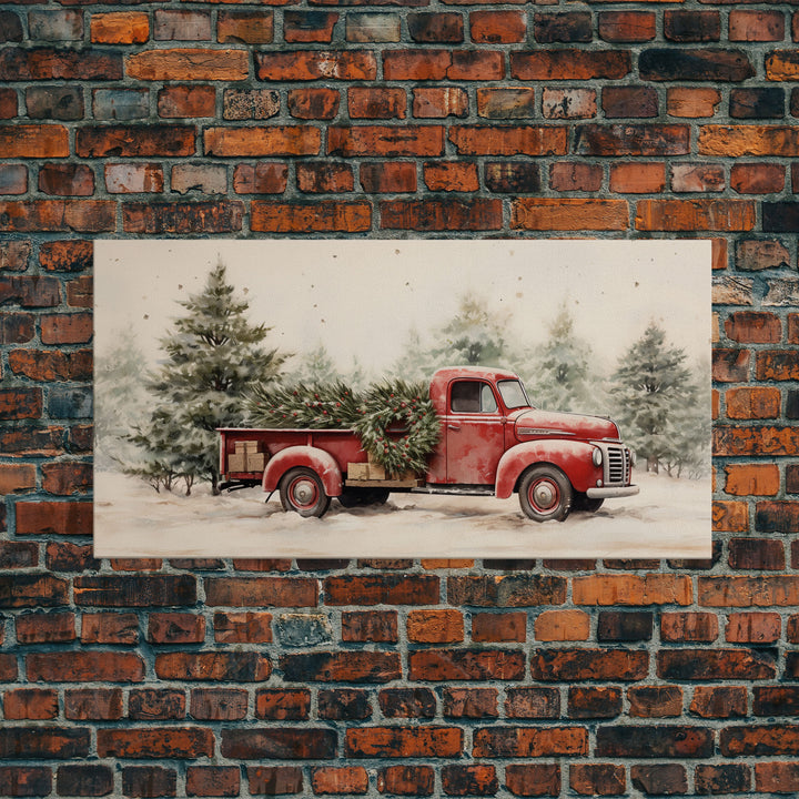 Christmas Tree Delivery - Framed Canvas Print - Vintage Style Farmhouse Christmas Decor Wall Art - Retro 1950s Truck Christmas Art