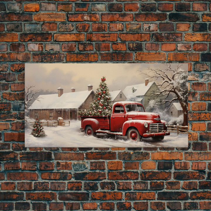 Vintage 1950s Red Truck Delivering Christmas Trees In The Snow - Framed Canvas Print - Farmhouse Christmas Decor - Retro Christmas