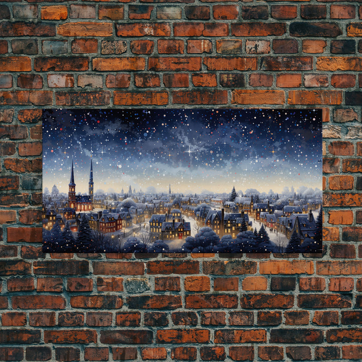 Snowfall Over A Victorian Village - Winter Decor - Christmas Wall Art - Framed Canvas Print - Winter Art Print - Winter Landscape