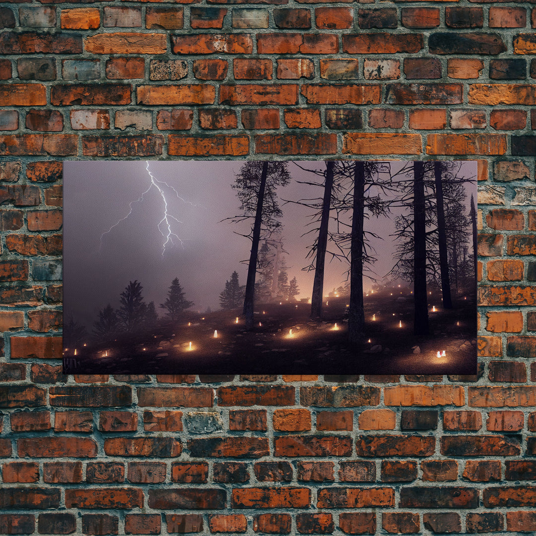 Haunted Gloomy Graveyard At Night, Thunder Storm, Halloween Cemetery Art, ready to hang canvas print wall art, Lightning Art
