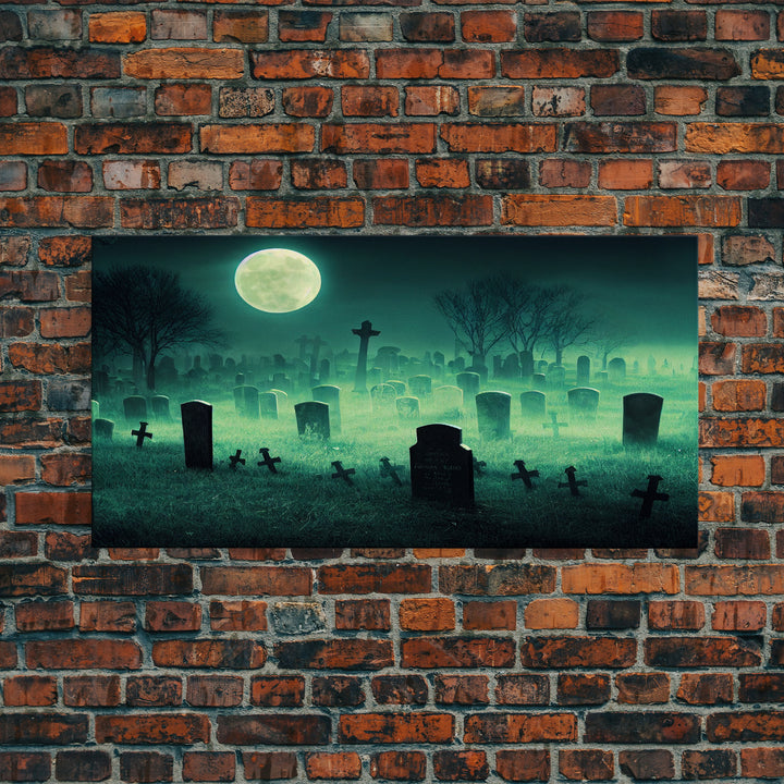 Halloween Cemetery At Night, Full Moon, Spooky Creepy Graveyard, ready to hang canvas print wall art