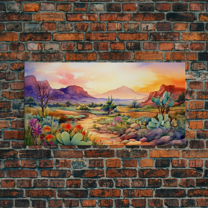 Southwestern Desert Landscape Print, Floral Print, Framed Canvas Art, Vibrant Cactus Desert Art, Mid-Century Modern, Pastel Desert Art