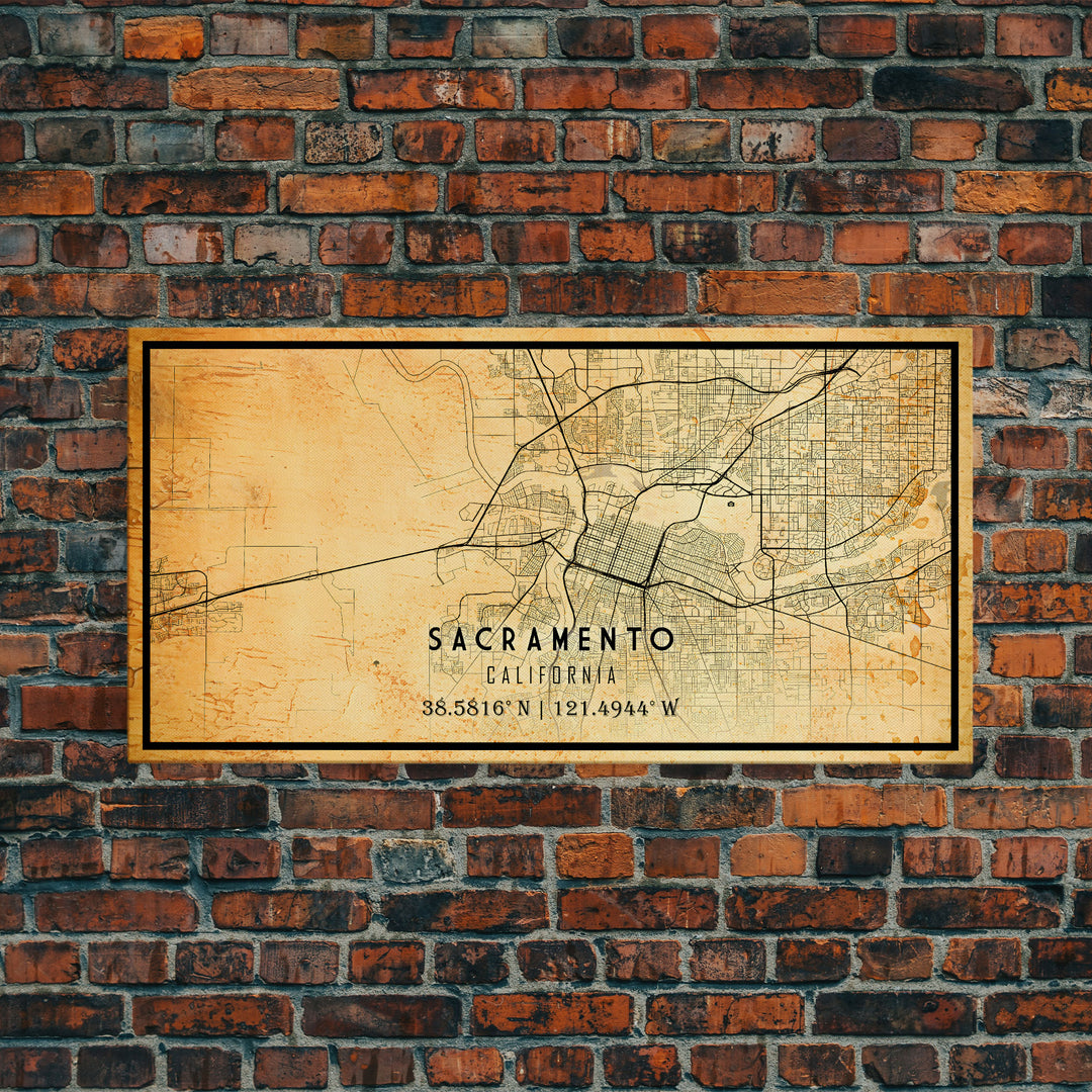 Vintage Sacramento map print poster or framed canvas | Sacramento city map print poster canvas | Sacramento, California print poster canvas