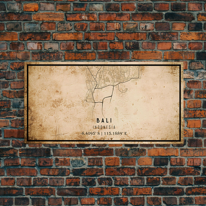 Vintage Bali Indonesia City Map Wall Art Canvas Print, Distressed Style Bali Map, Framed Wall Art, Cool Bali Travel Wall Art, Office Art