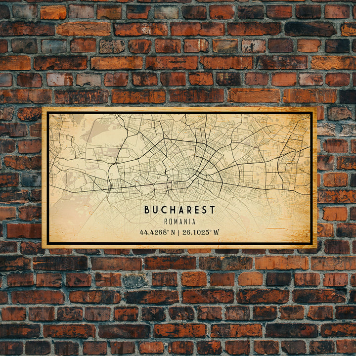 Panoramic Vintage Style Bucharest City Map Wall Art Canvas Print, Distressed Bucharest Map, Framed Art, Cool Travel Wall Art, Office Art