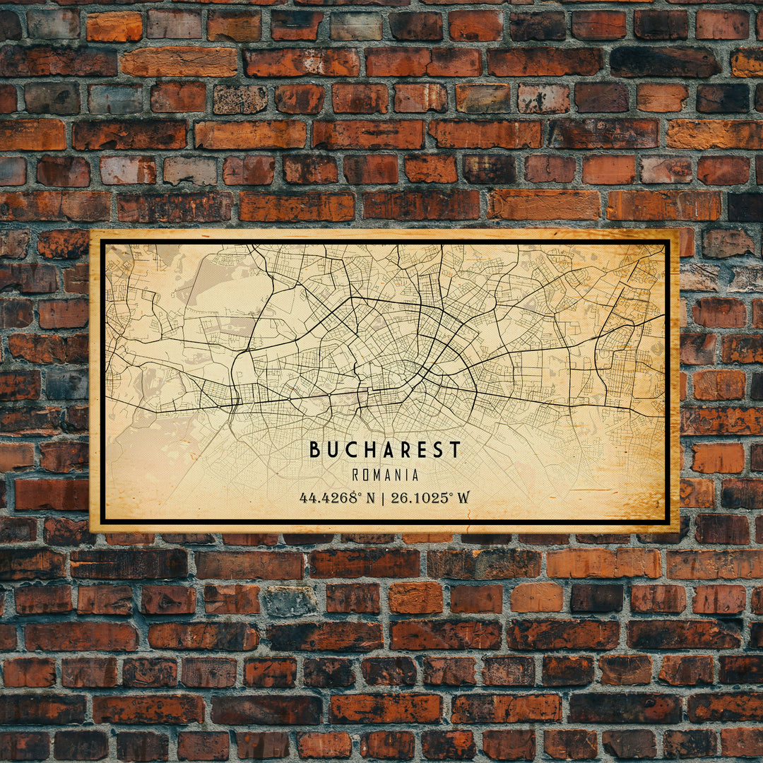 Vintage Style Bucharest City Map Wall Art Canvas Print, Distressed Bucharest Map, Framed Wall Art, Cool RomaniaTravel Wall Art, Office Art