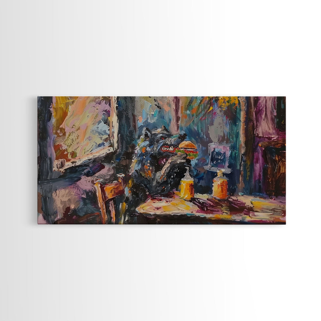 Funny Werewolf Having a Cheeseburger in a diner, framed canvas print, halloween decor