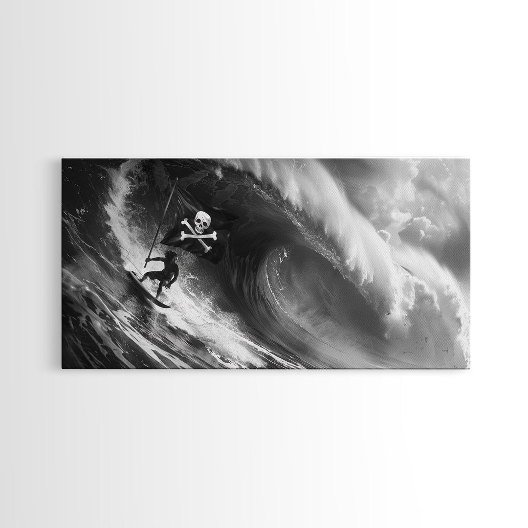 Pirate Surf - Framed Canvas Print - Black & White Photography Style Wall Art - Skull and Cross Bones Wall Art - Manly Decor - Mancave