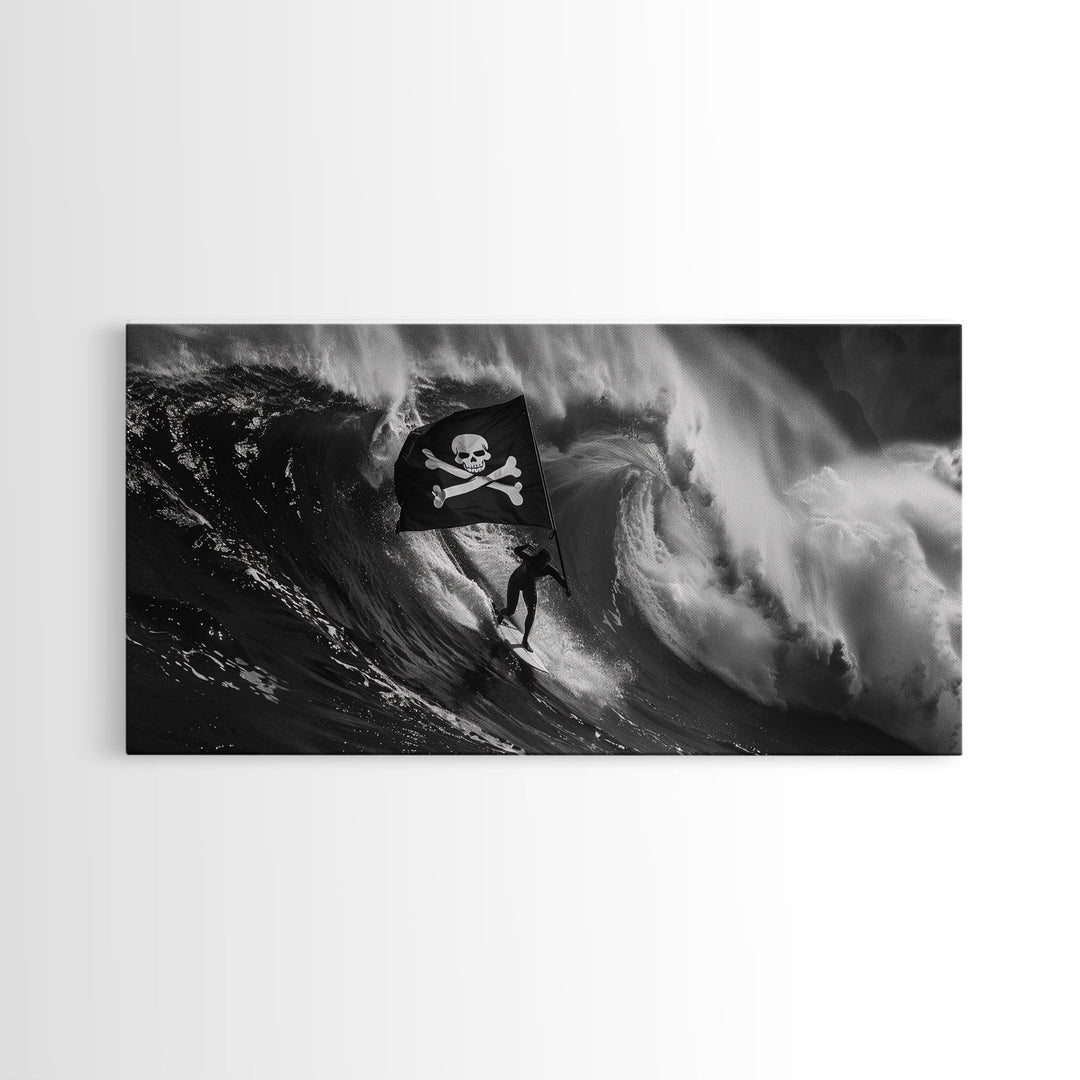 Surfer Waving A Skull and Crossbones Flag While Surfing - Framed Canvas Print - Cool Modern Art - Office / Mancave Decor Gift For Him