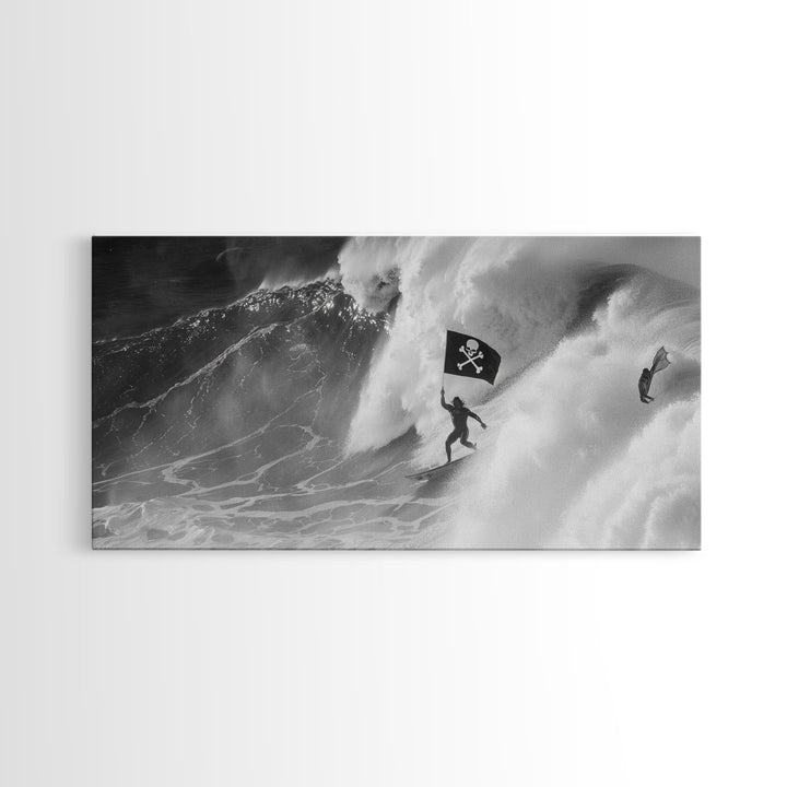 Surfer Waving A Skull and Crossbones Flag While Surfing - Framed Canvas Print - Cool Modern Art - Office / Mancave Decor Gift For Him