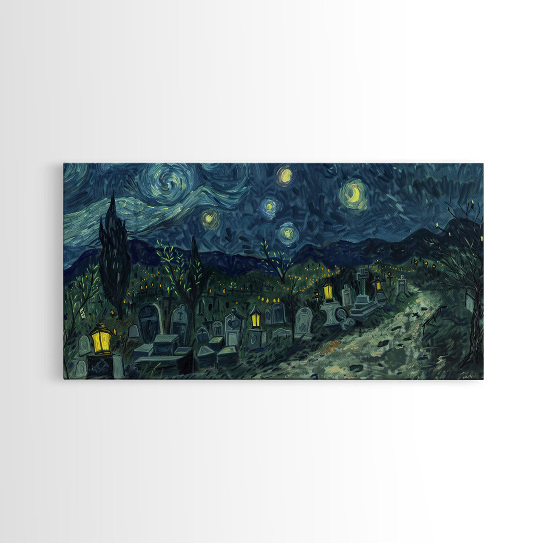 Starry Night Inspired Haunted Cemetery, Framed Canvas Print, Spooky Season Gift Idea, Halloween Decor, Halloween Prop