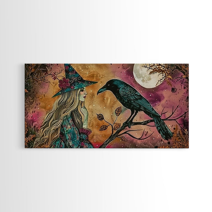 Cottagecore Witch & Raven, Springtime Witch, Halloween Art, Framed Canvas Print, Halloween Accessories, Halloween Decor