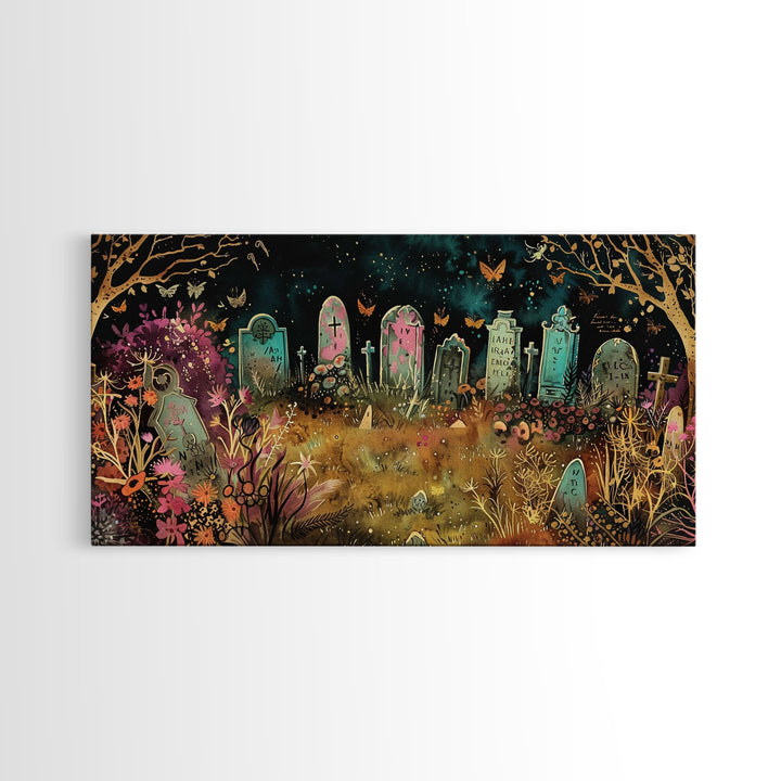 Colorful Haunted Grave Yard In The Spring Time, Framed Canvas Print, Spooky Wall Art, Halloween Spooky Season Decor