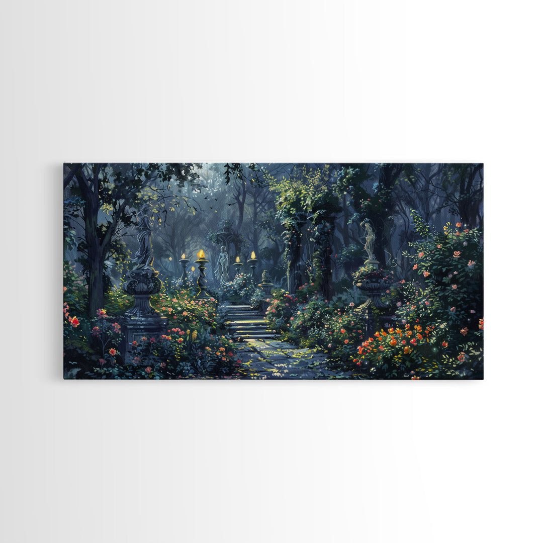 Creepy Victorian Hedge Maze, Haunted Cemetary Framed Canvas Print, Spooky Season Wall Art