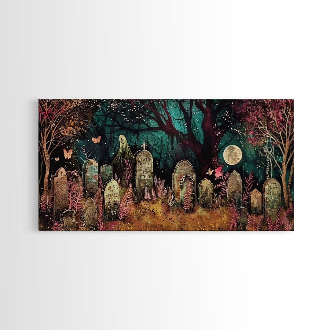 Spooky Cottagecore Mashup, Halloween Decor, Framed Canvas Print, Haunted Grave Yard Halloween Prop