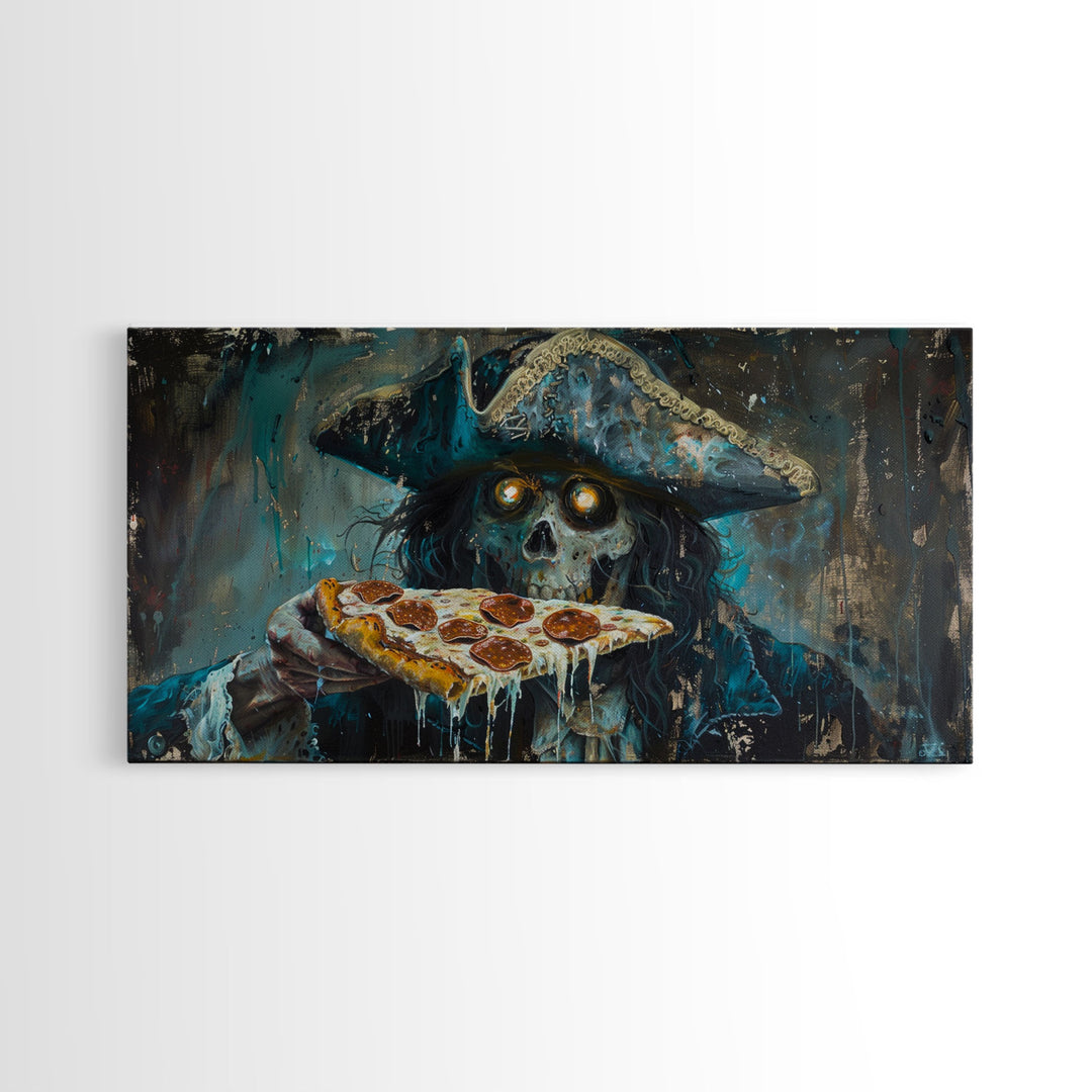 Spooky Pizza Pirate, Framed Canvas Print, Ghostly Pirate Havin a Slice of Pizza, kinda funny idk