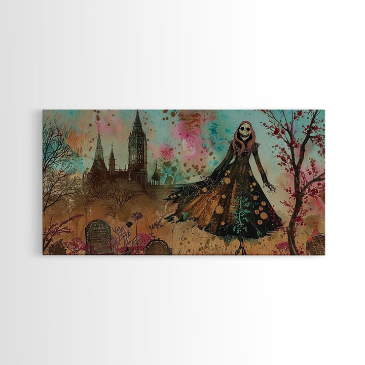 Grinning Banshee In A Cemetery Framed Canvas Print - Spooky Wall Art - Halloween Decor
