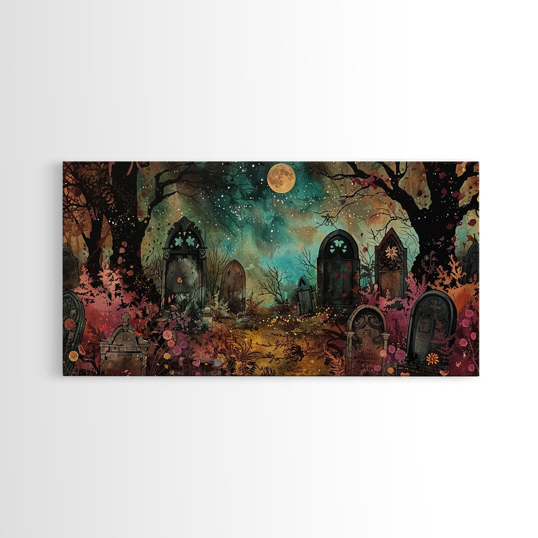 Spooky Cottagecore Mashup, Halloween Decor, Framed Canvas Print, Haunted Grave Yard Halloween Prop