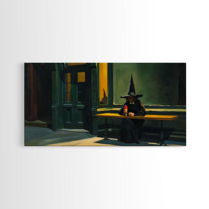 Sad Witch Having an Ice Cream Cone, Funny Halloween Art, Framed Canvas Print, Liminal Art