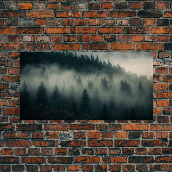 Foggy pine forest, Canadian forest art, framed canvas print, farmhouse decor, misty forst landscape