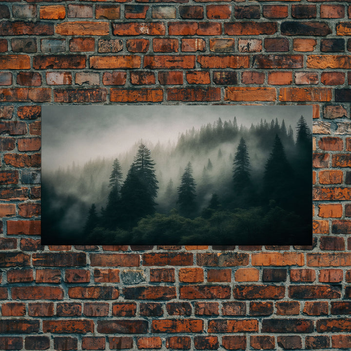 Morning fog over a mountain forest, framed canvas print, foggy pine tree landscape, framed wall art, misty mountain landscape art