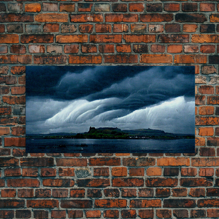 Rainstorm wall art, canvas print, ready to hang, fast moving storm over an island castle, cool wall art
