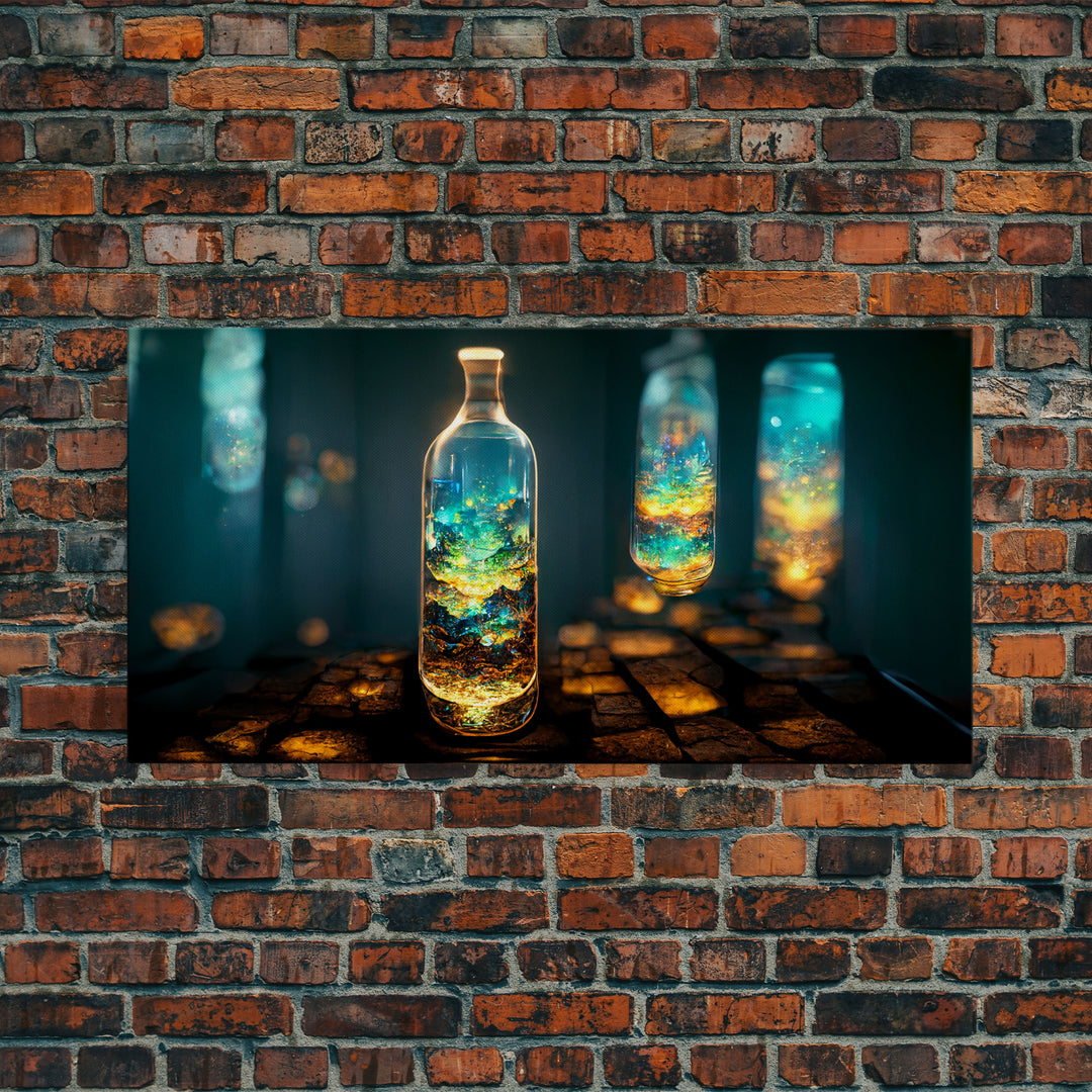 Miniature world in a bottle canvas print, high fantasy wall art, magical wall art, ready to hang wall art