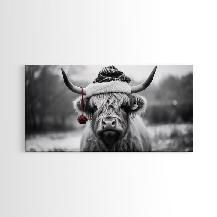 Highland Cow Wearing Santa Hat, Festive and Fun Framed Canvas Print for Holiday Wall Art, Living Room or Bedroom Decor