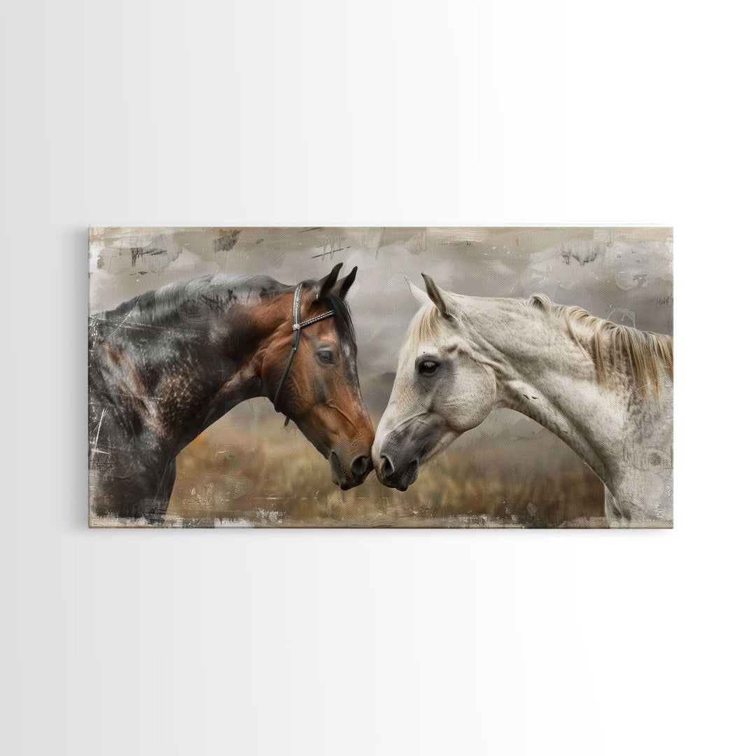 Black and White Horses, Framed Canvas Print for Elegant Living Room Decor, Equine Art for Home and Bedroom Decoration