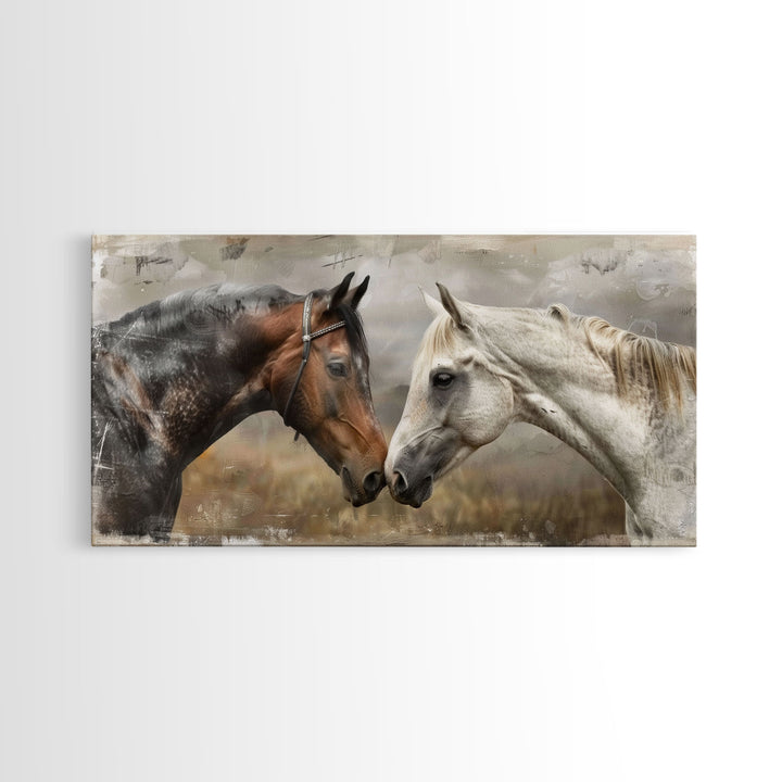 Black and White Horses, Framed Canvas Print for Elegant Living Room Decor, Equine Art for Home and Bedroom Decoration