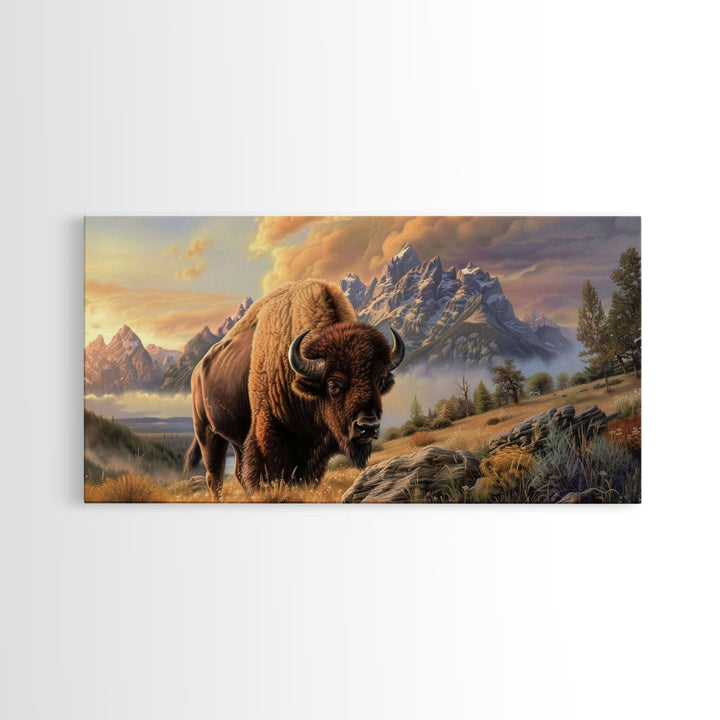 Powerful Bison in Mountain Valley, Framed Canvas Print, Ideal for Living Room Art, Nature Inspired Wall Art, Bedroom Decoration