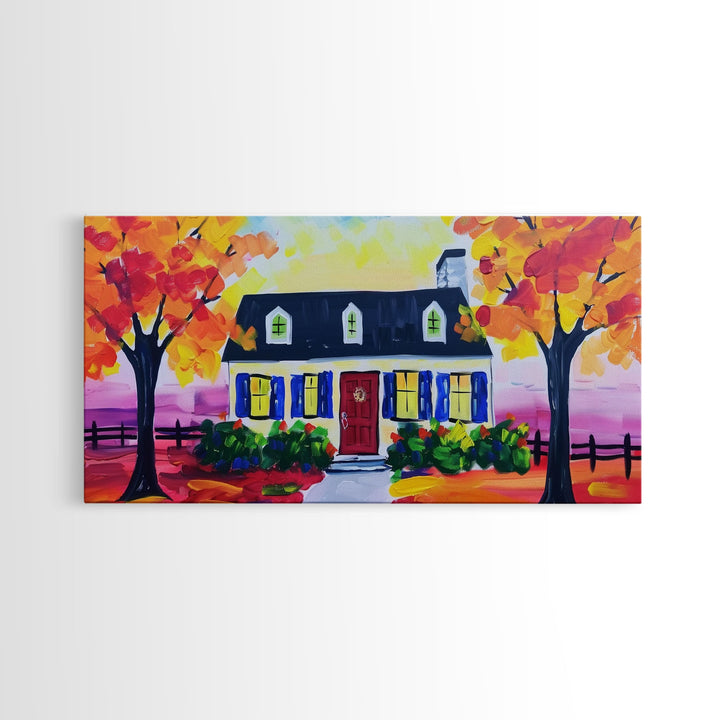 Cozy Cottage in Autumn, Framed Canvas Print, Ideal for Living Room Art, Rustic Home Decor, Charming Bedroom Wall Art