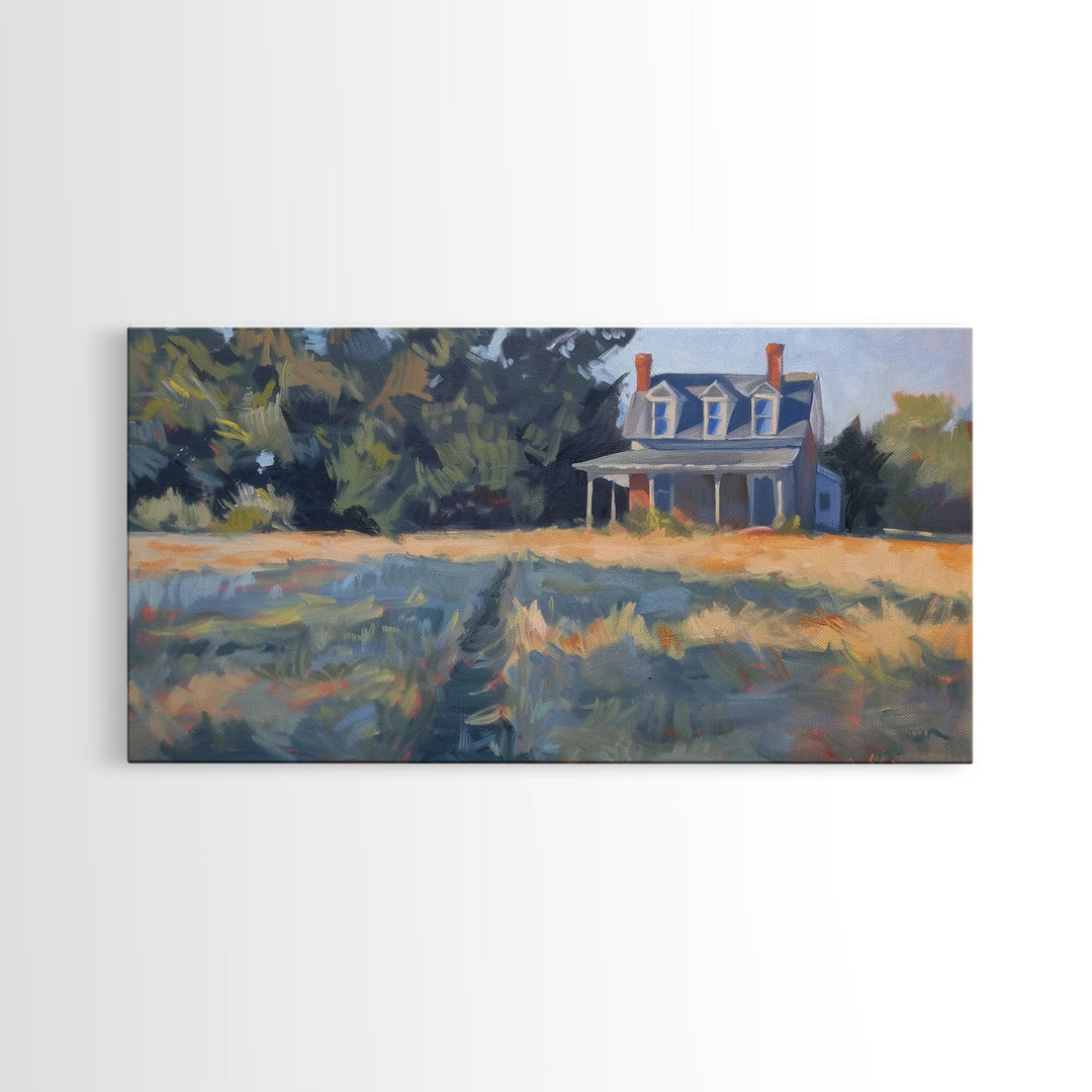 Serene Farmhouse at Dusk, Framed Canvas Print, Great for Living Room Art, Country Home Decor, Relaxing Bedroom Wall Art