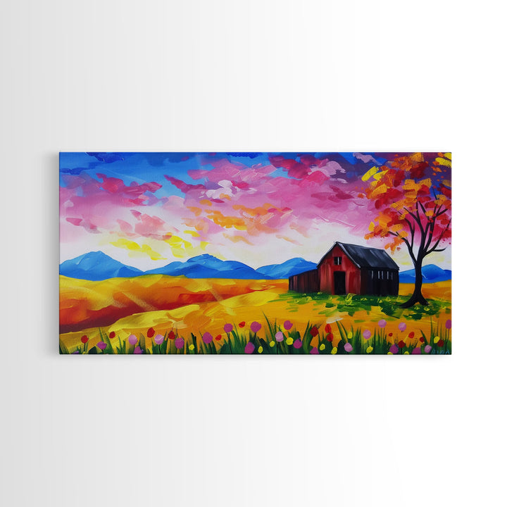 Bright Barn in Floral Field, Framed Canvas Print, Perfect for Living Room Art, Vibrant Home Decor, Colorful Bedroom Wall Art