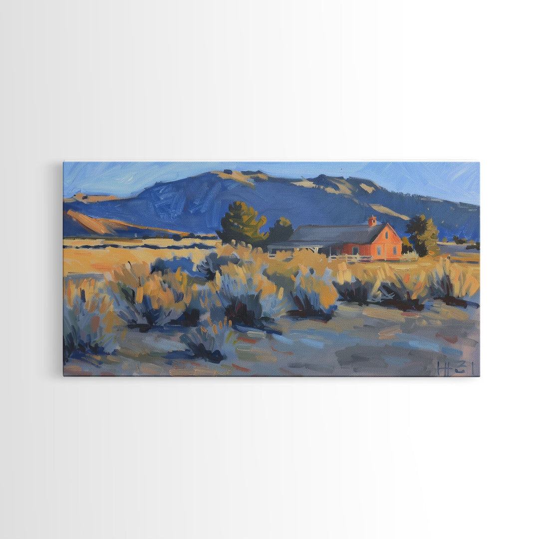 Rustic Cabin in Open Field, Framed Canvas Print, Ideal for Living Room Art, Country Style Home Decor, Cozy Bedroom Wall Art